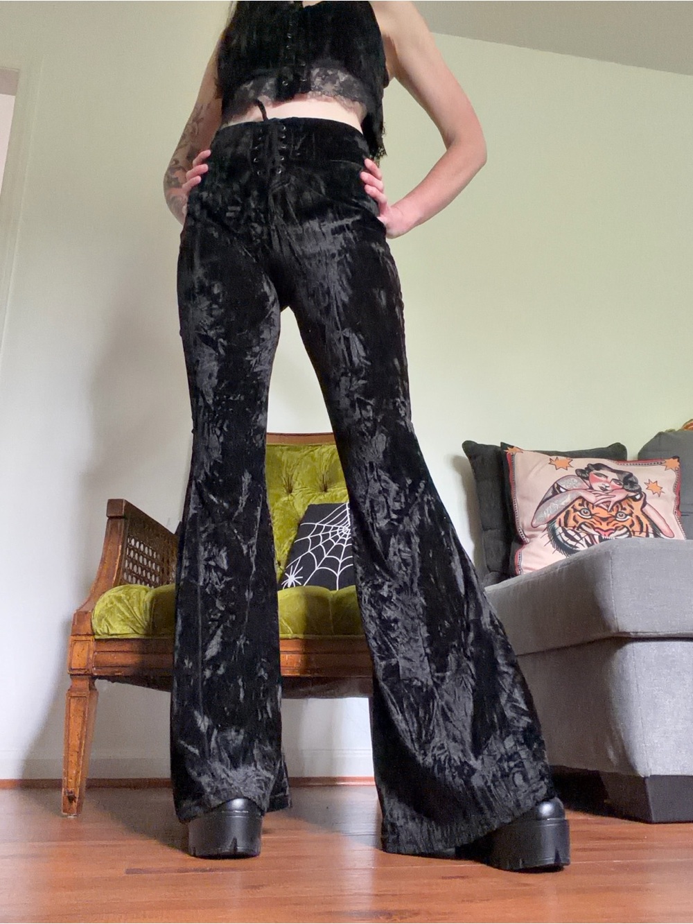 Killstar Black Crushed Velvet Lace-Up Flare Pants